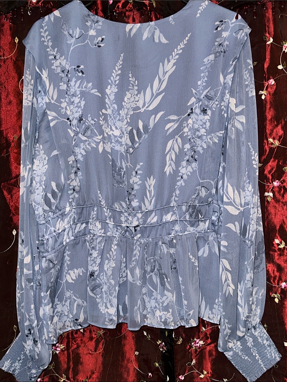 White House Black Market Light Blue Floral V-Neck Peplum Blouse - Picture 9 of 15